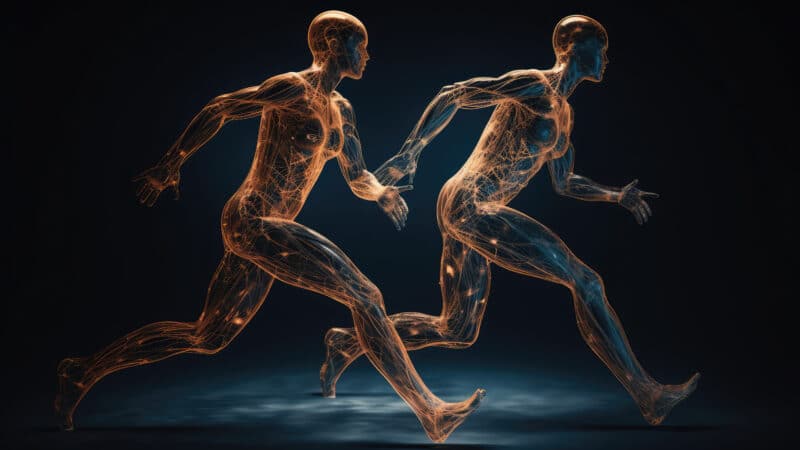 two characters one with a glowing body are being ran down, in the style of focus on joints/connections, speed and motion, human anatomy, generative AI